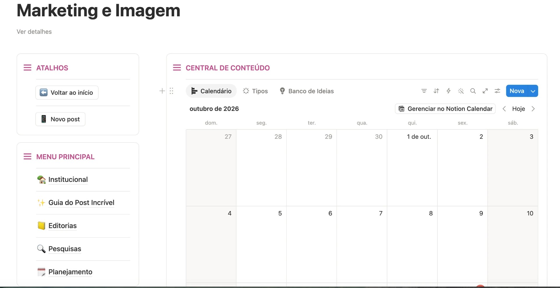 Tela do Muda — Calendário editorial e conteúdos