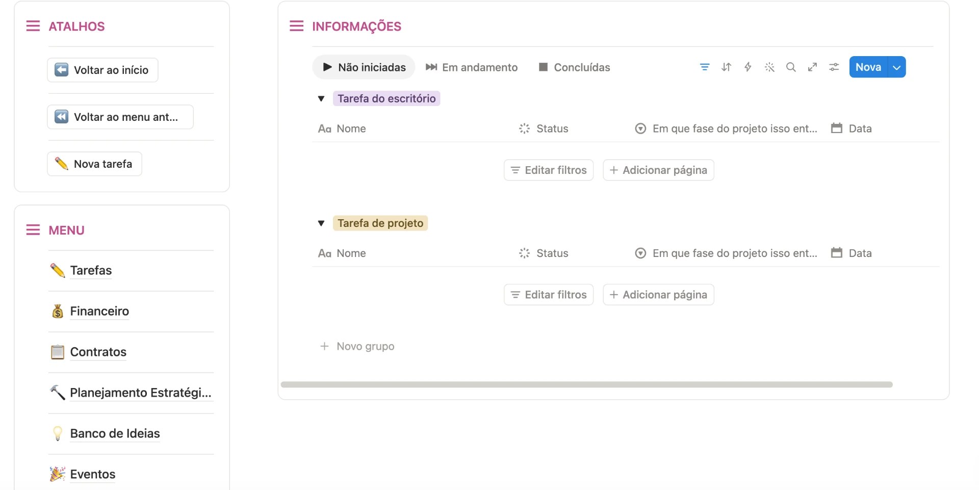 Tela do Muda — Tarefas do escritório e de projetos