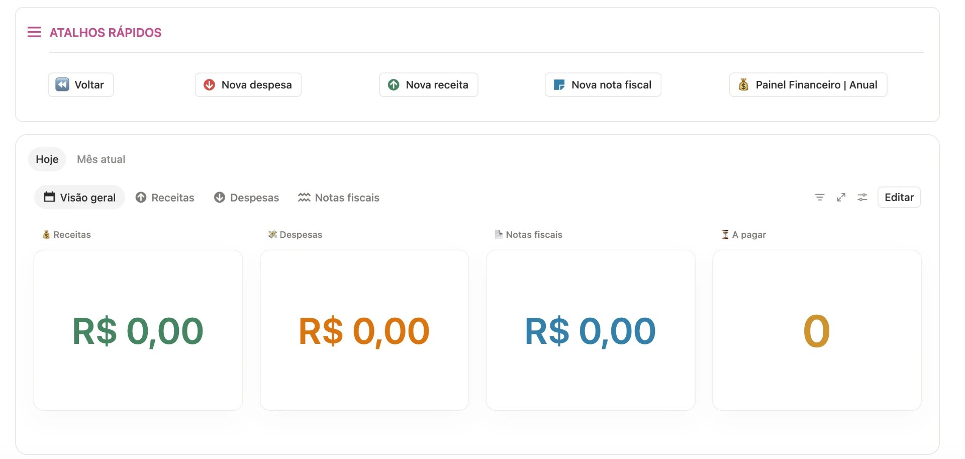 Tela do Muda — Receitas, despesas e notas fiscais